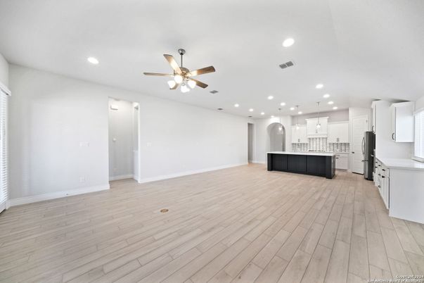 Empty room, Interior, Kitchen, Pendant Lights, Recessed Lighting, Wood Texture Flooring