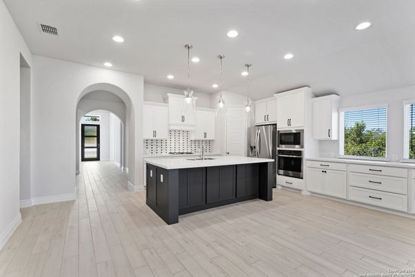 Interior, Kitchen, Pendant Lights, Recessed Lighting, Stainless Steel Appliances, Wood Texture Flooring