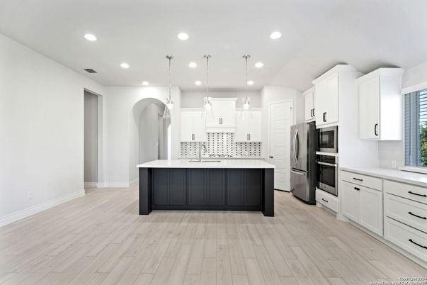 Interior, Kitchen, Pendant Lights, Recessed Lighting, Stainless Steel Appliances, Wood Texture Flooring