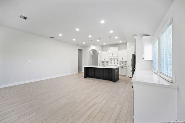 Interior, Kitchen, Pendant Lights, Recessed Lighting, Wood Texture Flooring