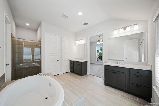 Bathroom, Dual Sink Vanities, Glass Shower, Interior, Recessed Lighting