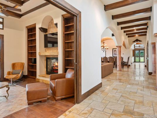 Chandelier, Fireplace, Interior, Wooden Beams