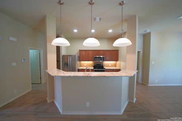 Interior, Kitchen, Pendant Lights, Recessed Lighting, Stainless Steel Appliances, Wood Texture Flooring