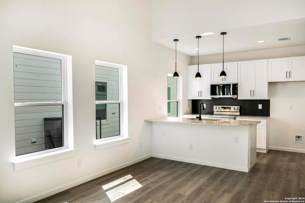 Interior, Kitchen, Pendant Lights, Recessed Lighting, Stainless Steel Appliances, Wood Texture Flooring