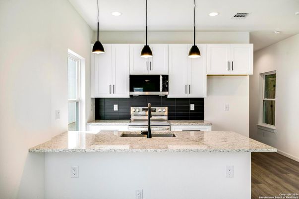 Interior, Kitchen, Pendant Lights, Recessed Lighting, Wood Texture Flooring