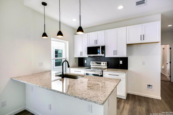 Interior, Kitchen, Pendant Lights, Recessed Lighting, Stainless Steel Appliances, Wood Texture Flooring