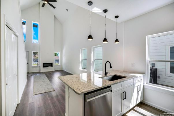 Fireplace, Interior, Kitchen, Pendant Lights, Wood Texture Flooring