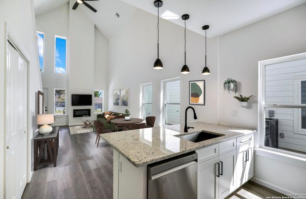 Dining room, Fireplace, Interior, Kitchen, Living room, Pendant Lights, Wood Texture Flooring