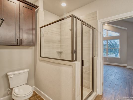 Bathroom, Glass Shower, Interior, Recessed Lighting, Wood Texture Flooring