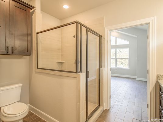Bathroom, Glass Shower, Interior, Recessed Lighting, Wood Texture Flooring