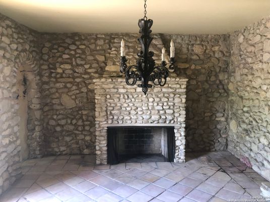 Chandelier, Fireplace, Interior, Stone Walls