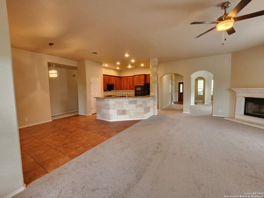 Empty room, Fireplace, Interior, Kitchen, Pendant Lights, Recessed Lighting