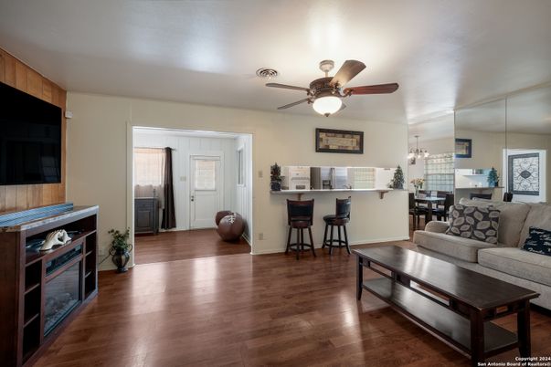 Dining room, Interior, Living room, Pendant Lights, Wood Texture Flooring