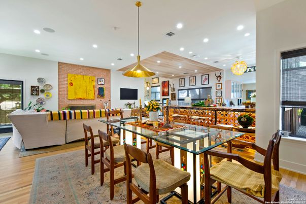 Dining room, Interior, Kitchen, Living room, Pendant Lights, Recessed Lighting, Stone Walls, Wooden Ceilings, Wood Texture Flooring