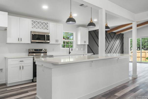 Interior, Kitchen, Pendant Lights, Recessed Lighting, Stainless Steel Appliances, Wooden Beams, Wood Texture Flooring