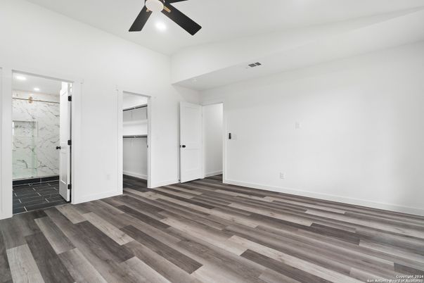 Bathroom, Empty room, Interior, Marble Walls, Recessed Lighting, Wood Texture Flooring