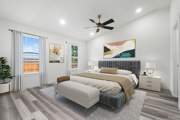Bedroom, Interior, Recessed Lighting, Wood Texture Flooring