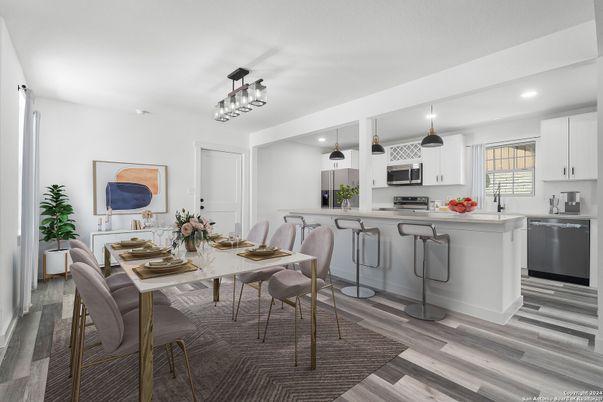 Dining room, Interior, Kitchen, Pendant Lights, Recessed Lighting, Stainless Steel Appliances, Wood Texture Flooring