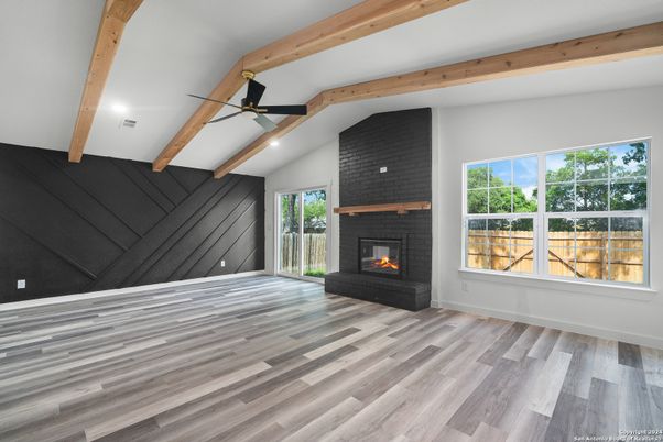 Empty room, Fireplace, Interior, Stone Walls, Wooden Beams, Wood Texture Flooring