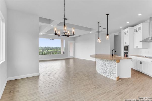 Chandelier, Interior, Kitchen, Pendant Lights, Recessed Lighting, Wood Texture Flooring