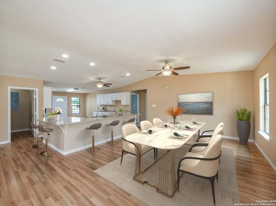Dining room, Interior, Kitchen, Recessed Lighting, Wood Texture Flooring