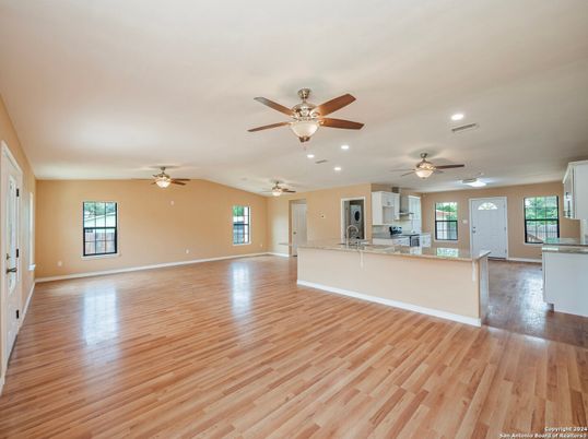 Empty room, Interior, Kitchen, Recessed Lighting, Wood Texture Flooring