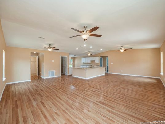 Empty room, Interior, Kitchen, Recessed Lighting, Wood Texture Flooring