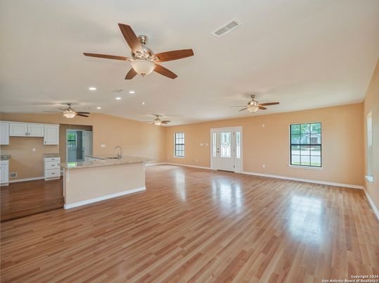 Empty room, Interior, Kitchen, Recessed Lighting, Wood Texture Flooring