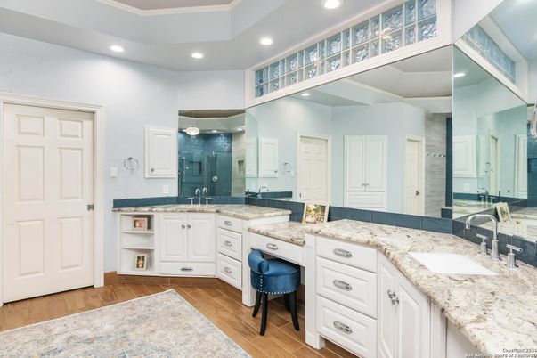 Bathroom, Dual Sink Vanities, Interior, Recessed Lighting, Wood Texture Flooring