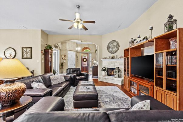 Fireplace, Interior, Living room, Pendant Lights, Wood Texture Flooring