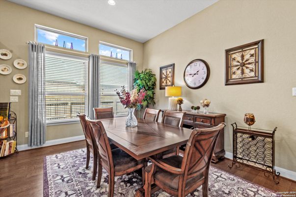 Dining room, Interior, Recessed Lighting, Wood Texture Flooring