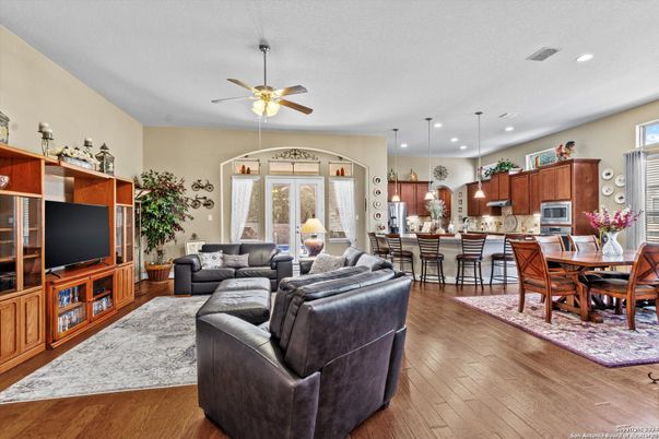 Dining room, Interior, Kitchen, Living room, Pendant Lights, Recessed Lighting, Stainless Steel Appliances, Wood Texture Flooring