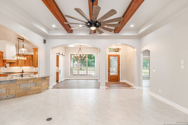 Chandelier, Interior, Pendant Lights, Recessed Lighting, Wooden Beams
