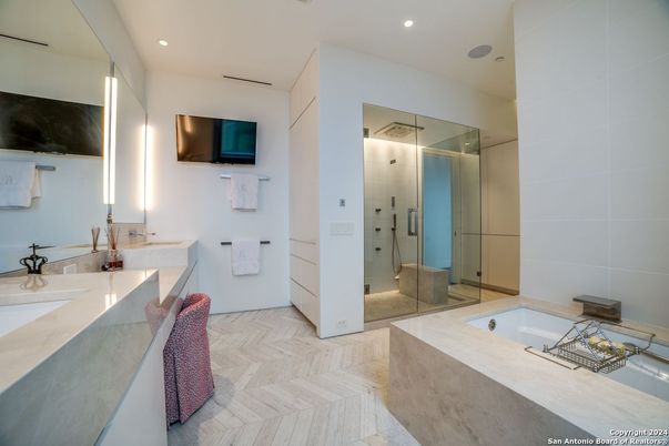 Bathroom, Dual Sink Vanities, Glass Shower, Interior, Recessed Lighting