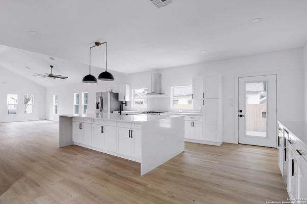 Interior, Kitchen, Pendant Lights, Recessed Lighting, Wood Texture Flooring