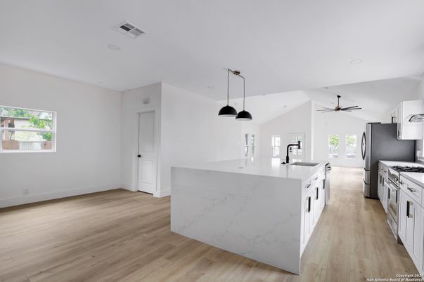 Interior, Kitchen, Pendant Lights, Wood Texture Flooring