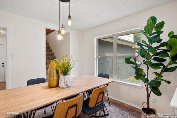 Dining room, Interior, Pendant Lights, Wood Texture Flooring