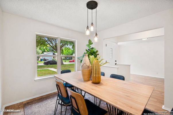 Dining room, Interior, Pendant Lights, Wood Texture Flooring