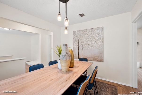 Dining room, Interior, Pendant Lights, Wood Texture Flooring