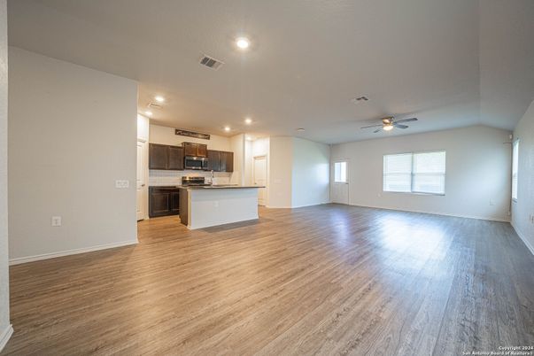 Empty room, Interior, Kitchen, Recessed Lighting, Wood Texture Flooring