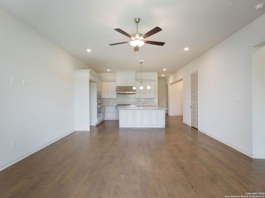Empty room, Interior, Kitchen, Pendant Lights, Recessed Lighting, Wood Texture Flooring