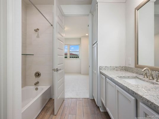 Bathroom, Interior, Recessed Lighting, Wood Texture Flooring