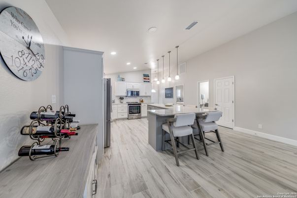 Interior, Kitchen, Pendant Lights, Recessed Lighting, Wood Texture Flooring