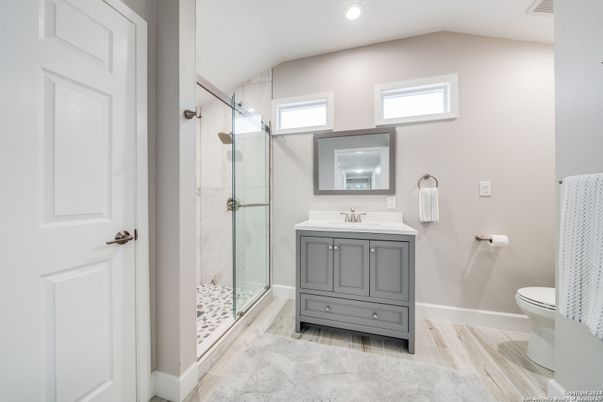Bathroom, Glass Shower, Interior, Recessed Lighting, Wood Texture Flooring