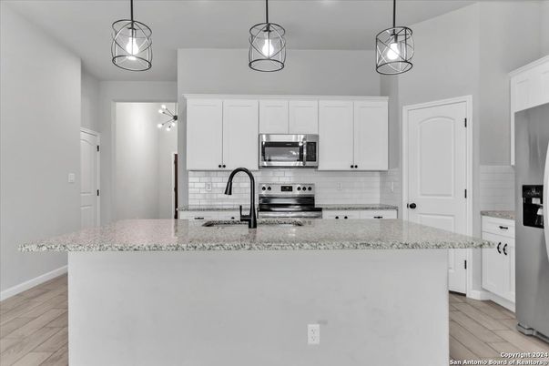 Interior, Kitchen, Pendant Lights, Stainless Steel Appliances, Wood Texture Flooring