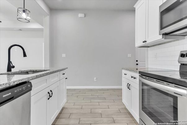 Interior, Kitchen, Pendant Lights, Stainless Steel Appliances, Wood Texture Flooring