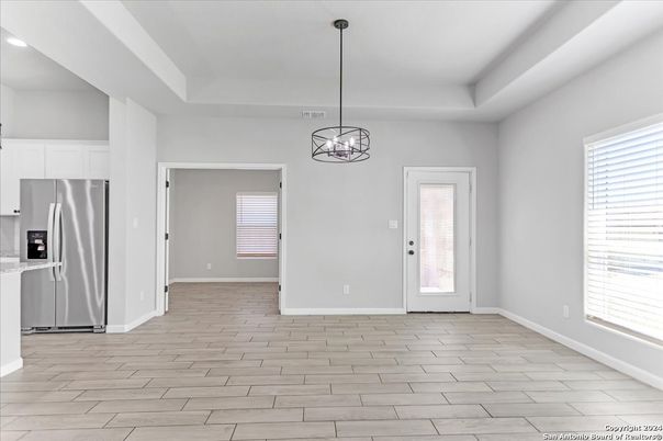 Chandelier, Empty room, Interior, Kitchen, Pendant Lights, Recessed Lighting, Stainless Steel Appliances