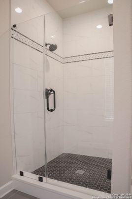 Bathroom, Glass Shower, Interior, Marble Walls, Recessed Lighting