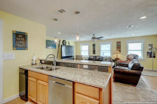 Interior, Kitchen, Living room, Pendant Lights, Recessed Lighting, Wood Texture Flooring