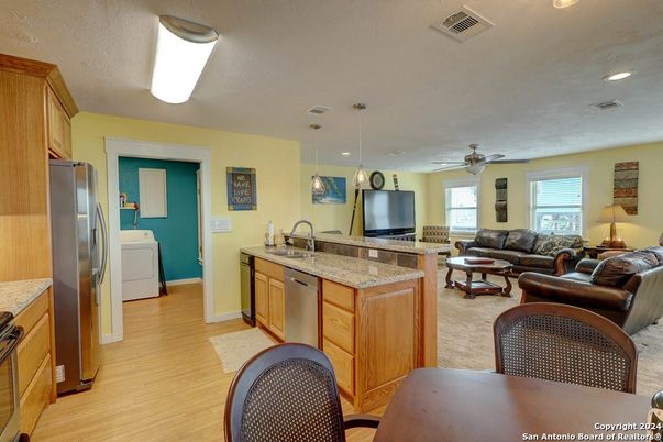 Interior, Kitchen, Living room, Pendant Lights, Recessed Lighting, Wood Texture Flooring